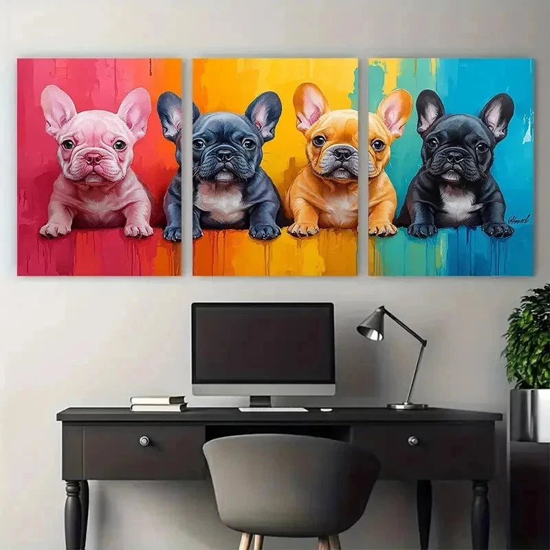 3pcs French Bulldog Puppy Watercolour Perfect Wall Art Set Canvas Framed 50x70cm - High Quality Print 100% Australian Made Wall Canvas Ready to Hang - Bella Home Decor
