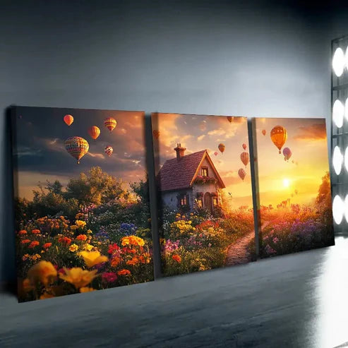 3pcs Floral Cottage & Hot Air Balloons Sun Shine Sky Perfect Wall Art Set Canvas Unframed - High Quality Print 100% Australian Made Wall Canvas