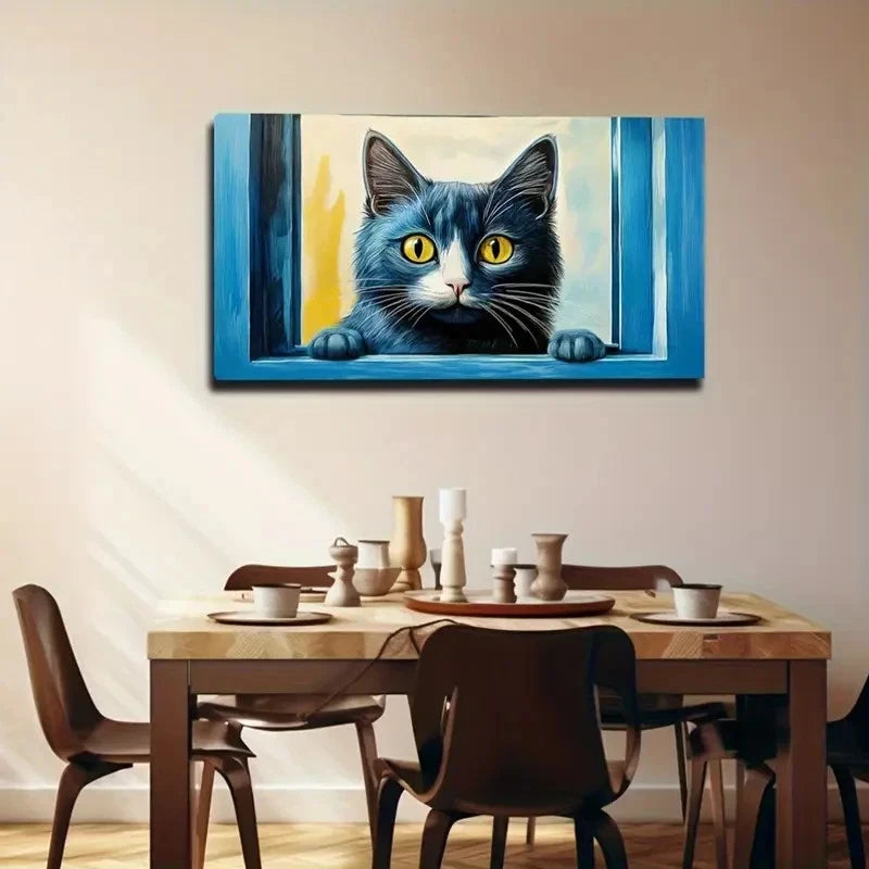 Vibrant Blue-Eyed Cat Peeking Wall Art Canvas Office Home Room Framed 120x60cm