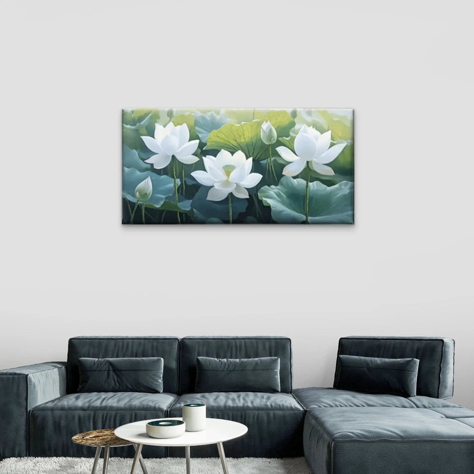 Lotus Flower White Green Leave Wall Art Canvas Office Home Room Framed 120x60cm