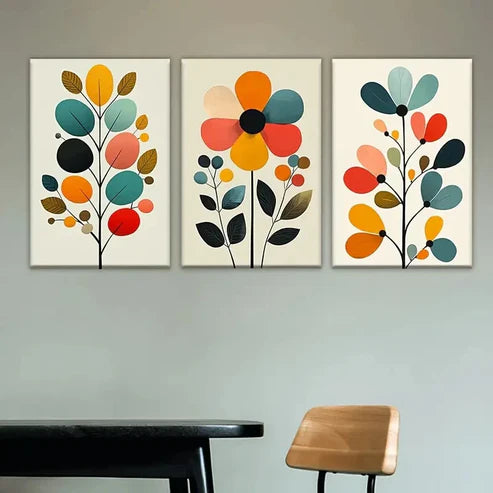 3pcs three colorful flowers with leaves Wall Art Set Canvas Unframed - High Quality Print 100% Australian Made Wall Canvas - Bella Home Decor