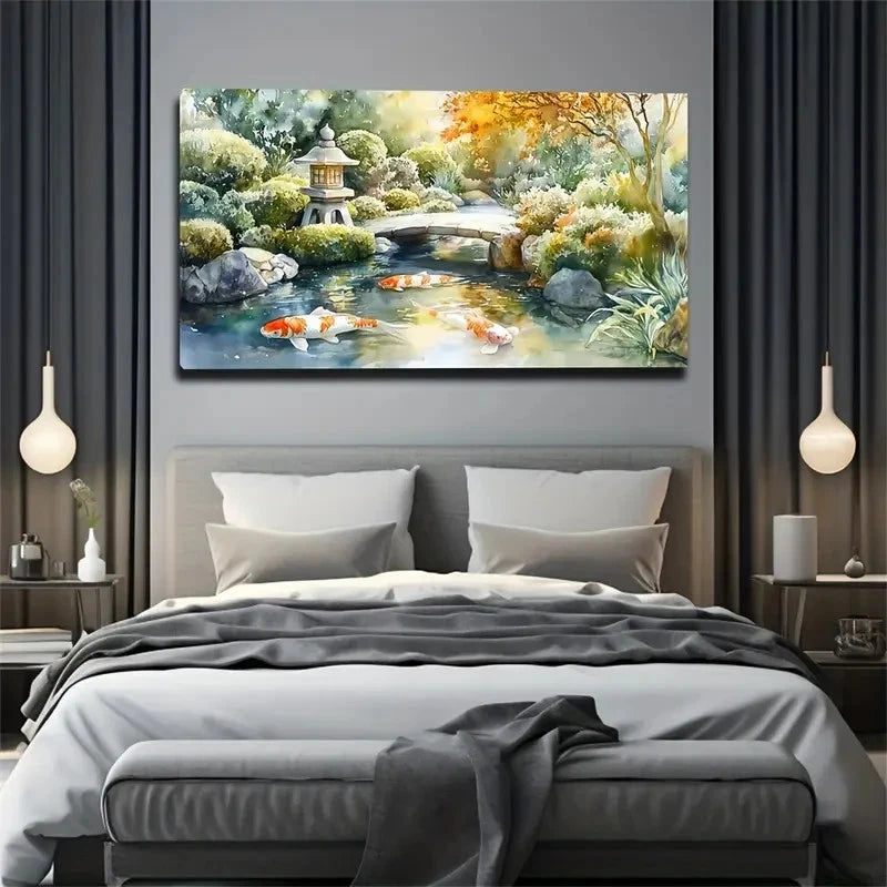 Serene Garden Koi Pond Wall Art Canvas Office Home Room Framed 120x60cm