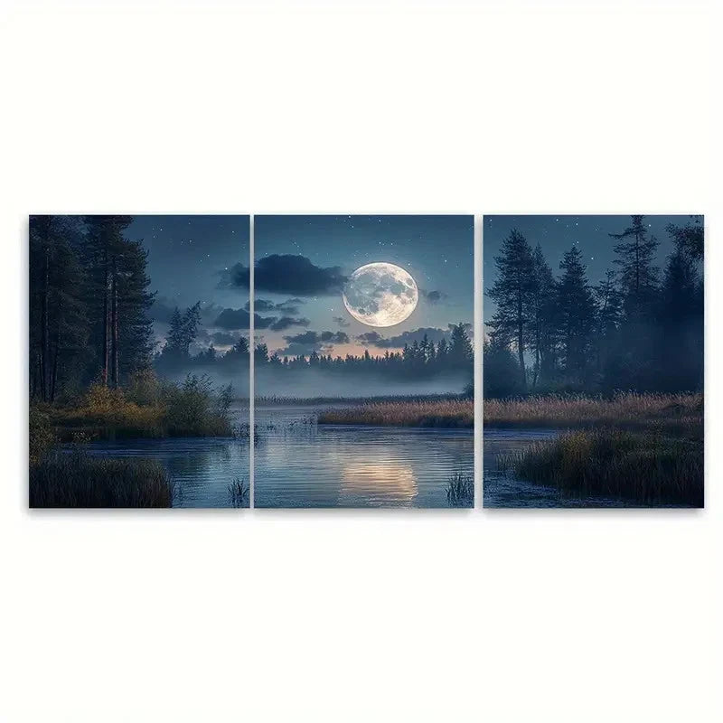 3pcs Moon Over Woodland Picture VI Wall Art Set Canvas Framed 60x90cm - High Quality Print 100% Australian Made Wall Canvas Ready to Hang
