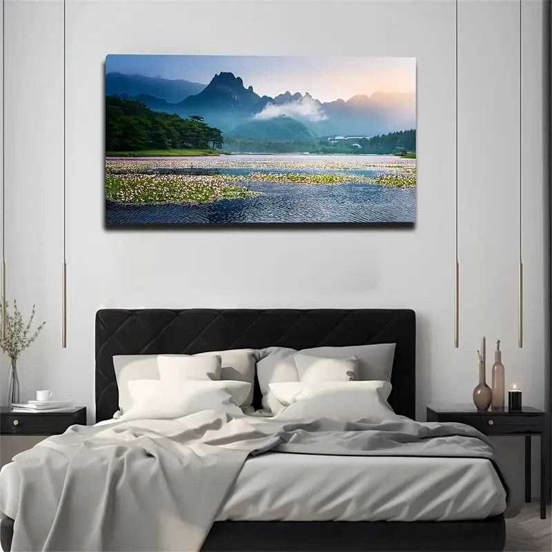 Serene Lake And Mountain Wall Art Canvas Office Home Room Framed 120x60cm