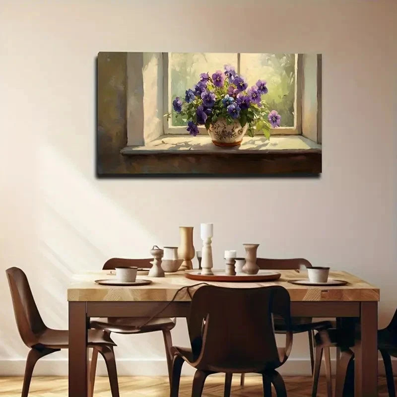 Window View With Purple Flowers Wall Art Canvas Office Home Room Framed 120x60cm