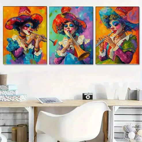 3pcs Vibrant Modern Colorful Clown Musician Wall Art Canvas Unframed - High Quality Print 100% Australian Made Wall Canvas