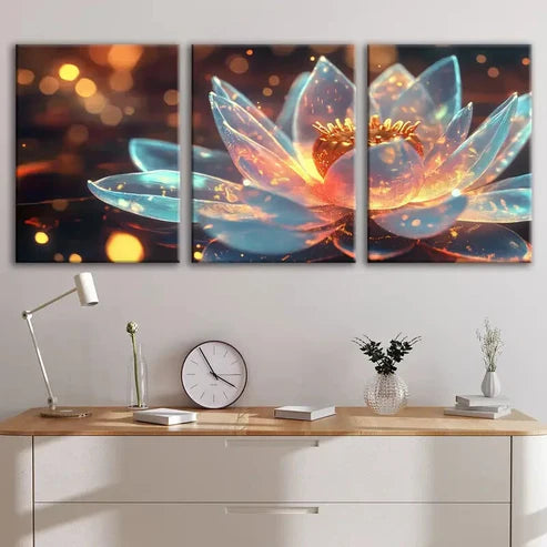 3pcs Vibrant Lotus Flower Light Blue Gold Rounds Wall Art Set Canvas Unframed - High Quality Print 100% Australian Made Wall Canvas
