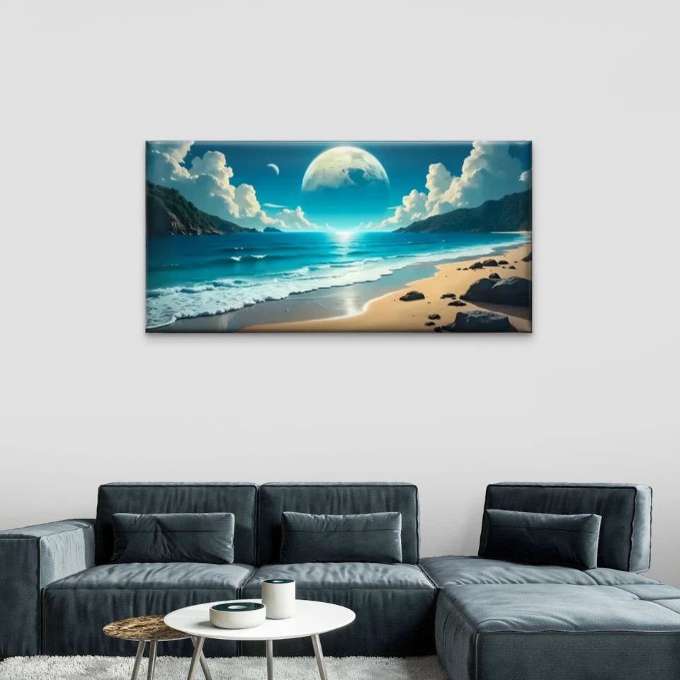 Beach Scene Moon Blue Perfect Wall Art Canvas Office Home Room Framed 120x60cm