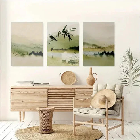 3pcs Green Mountain & Bamboo Forest Wall Art Set Canvas Unframed - High Quality Print 100% Australian Made Wall Canvas
