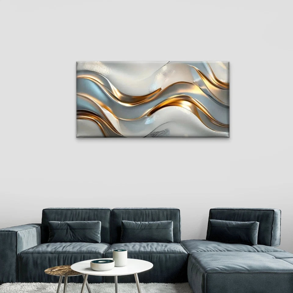 Gold Silvery Swirl Abstract Wall Art Canvas Office Home Room Framed 120x60cm