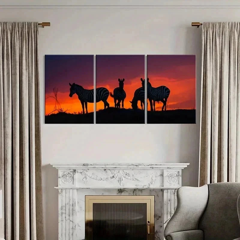 3pcs Zebra Herd At Sunset African Savannah Wall Art Set Canvas Framed 50x70cm - High Quality Print 100% Australian Made Wall Canvas Ready to Hang