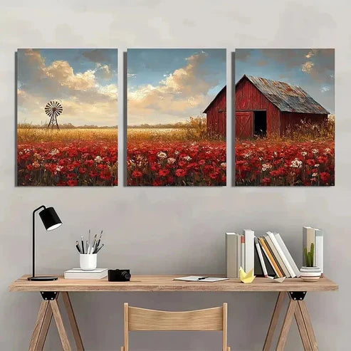 3pcs Field with Weathered Red Barn & Windmill Wall Art Canvas Unframed - High Quality Print 100% Australian Made Wall Canvas