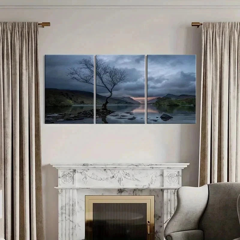 3pcs Dark Sky Mountains Lake & Trees Wall Art Set Canvas Framed 40x60cm - High Quality Print 100% Australian Made Wall Canvas Ready to Hang - Bella Home Decor