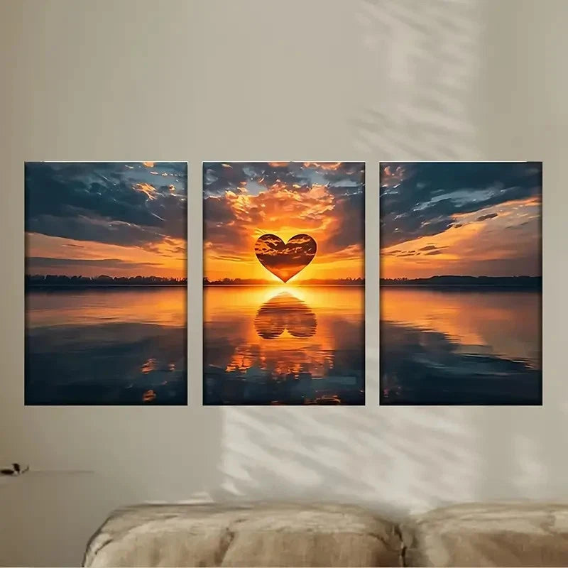 3pcs Heart-Shaped Sunset Reflection Wall Art Set Canvas Framed 60x90cm - High Quality Print 100% Australian Made Wall Canvas Ready to Hang
