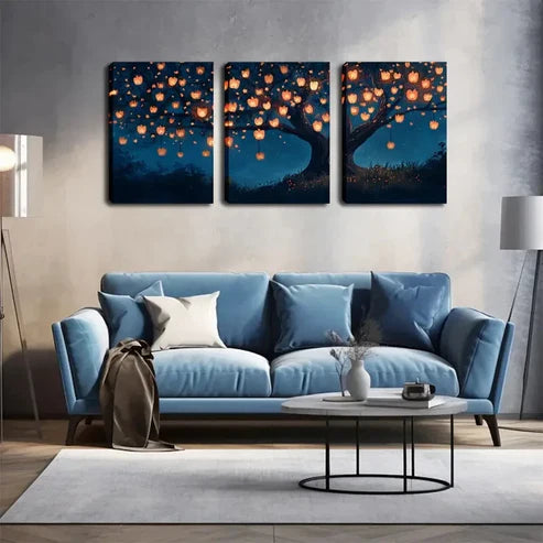 3pcs Vibrant Lanterns On Branches Design Perfect Wall Art Canvas Unframed - High Quality Print 100% Australian Made Wall Canvas