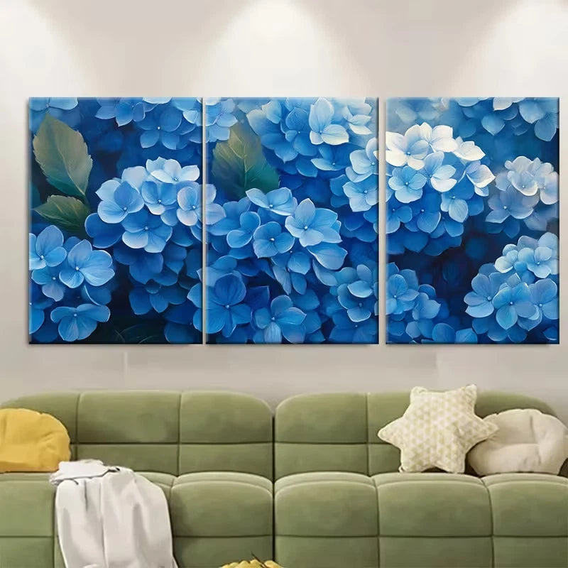 3pcs Spring Blue Hydrangea Flowers Metal Print Ready to Hang Art