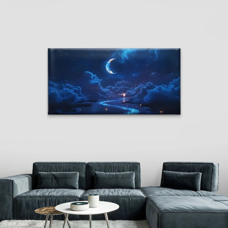 Enchanting Night Sky Moon Wall Art Canvas Office Home Room Framed 120x60cm