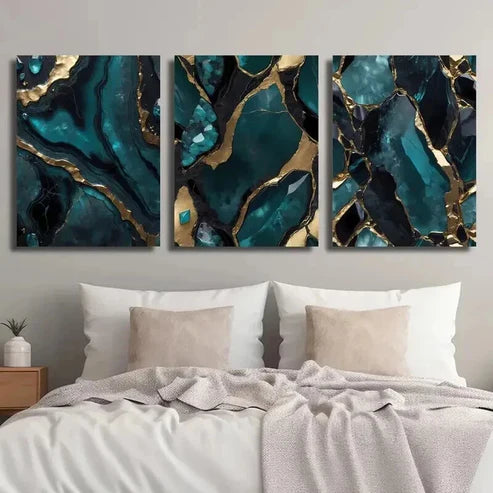 3pcs Stylish Blue & Golden Marble Fluid Decor Wall Art Set Canvas Unframed - High Quality Print 100% Australian Made Wall Canvas