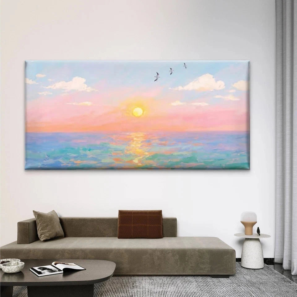 Ocean Sunset with Birds Wall Art Canvas Office Home Room Framed 120x60cm