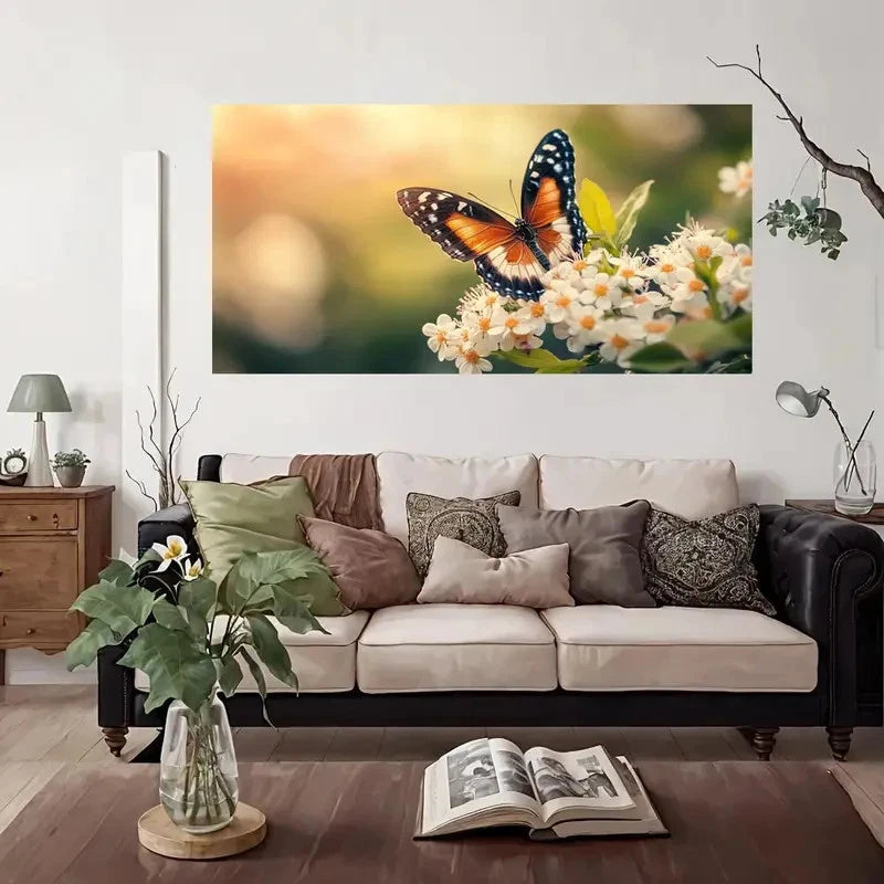 Butterfly On White Flowers Wall Art Canvas Office Home Room Framed 120x60cm