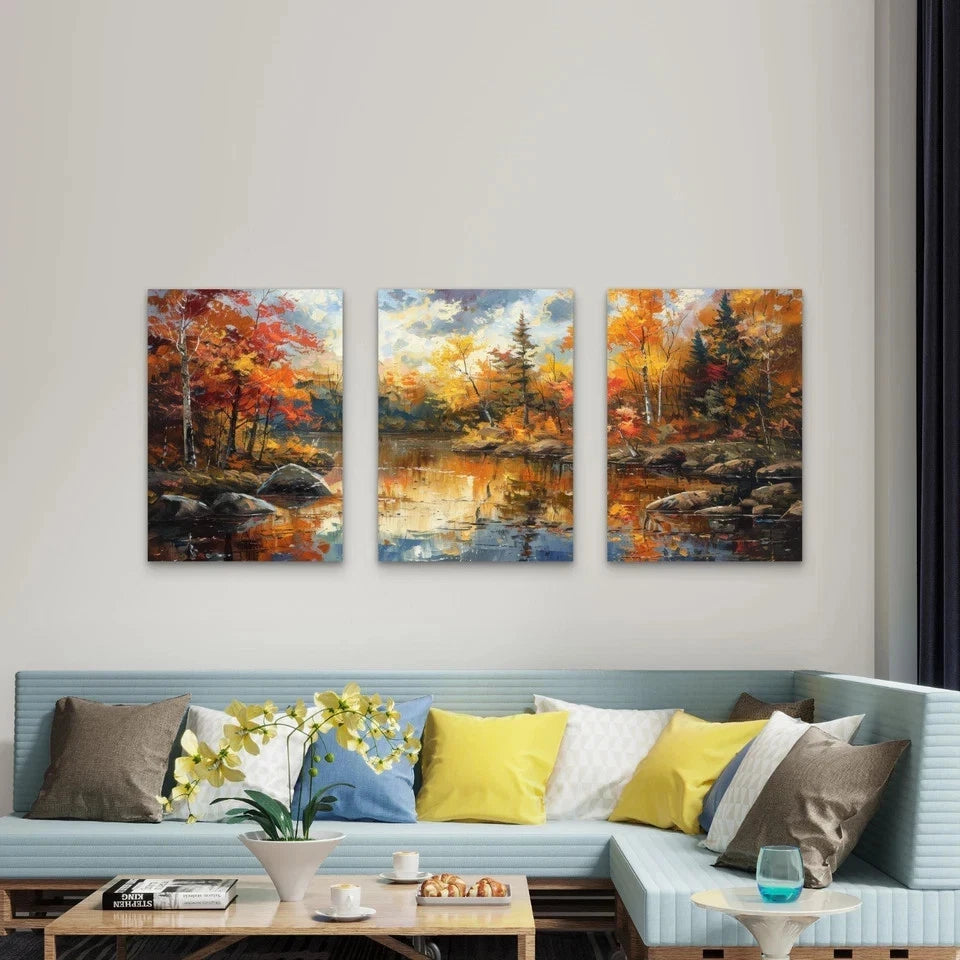 3pcs Vibrant Impressionist Autumn Forest Wall Art Set Canvas Framed 60x90cm - High Quality Print 100% Australian Made Wall Canvas Ready to Hang - Bella Home Decor
