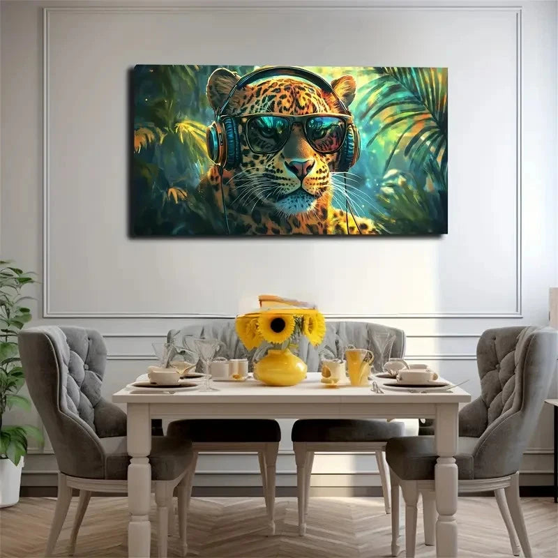 Modern Leopard With Headphones Wall Art Canvas Office Home Room Framed 120x60cm