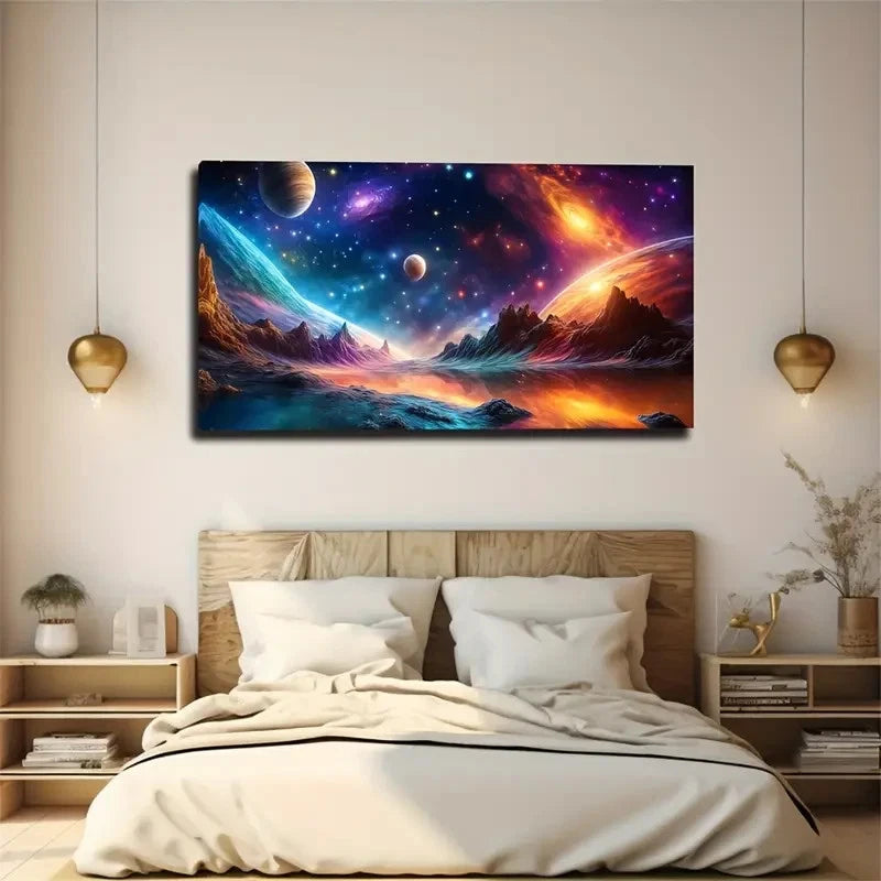 Vibrant Space & Planets Cosmic Wall Art Canvas Office Home Room Framed 120x60cm