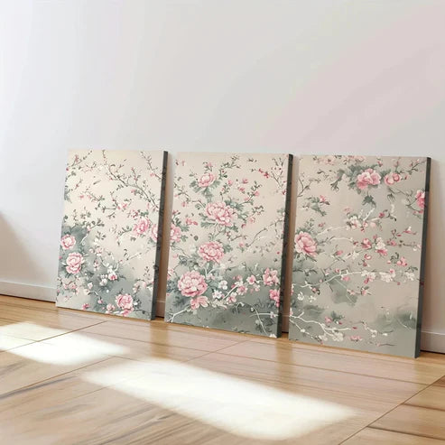 3pcs Sage Green Chinoiserie Art Rose Florals Wall Art Set Canvas Unframed - High Quality Print 100% Australian Made Wall Canvas