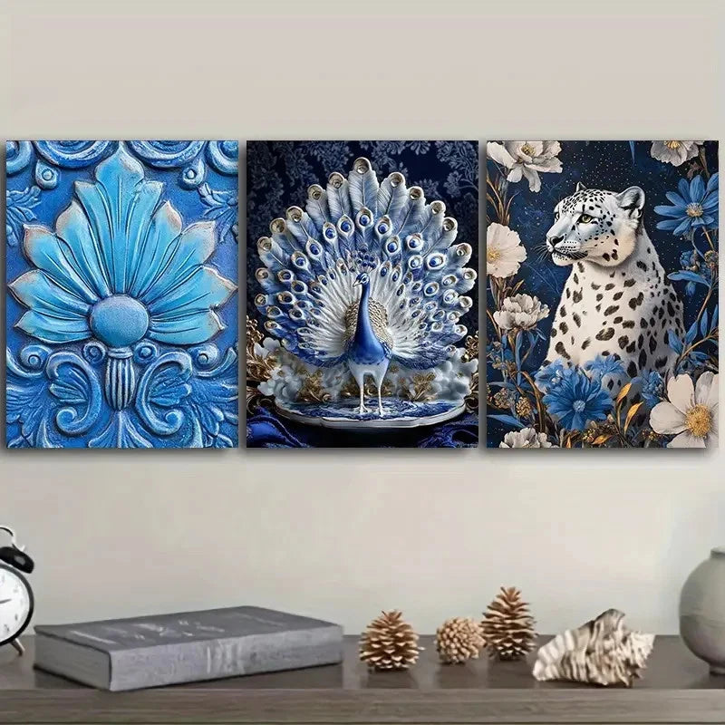 3pcs Elegant Blue Peacock And White Leopard Wall Art Set Canvas Framed 40x60cm - High Quality Print 100% Australian Made Wall Canvas Ready to Hang