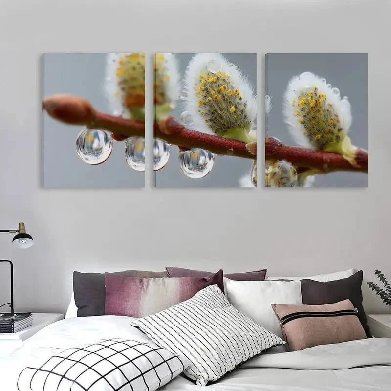 3pcs Water Droplets Cling To Willow Wall Art Set Canvas Framed 60x90cm - High Quality Print 100% Australian Made Wall Canvas Ready to Hang - Bella Home Decor
