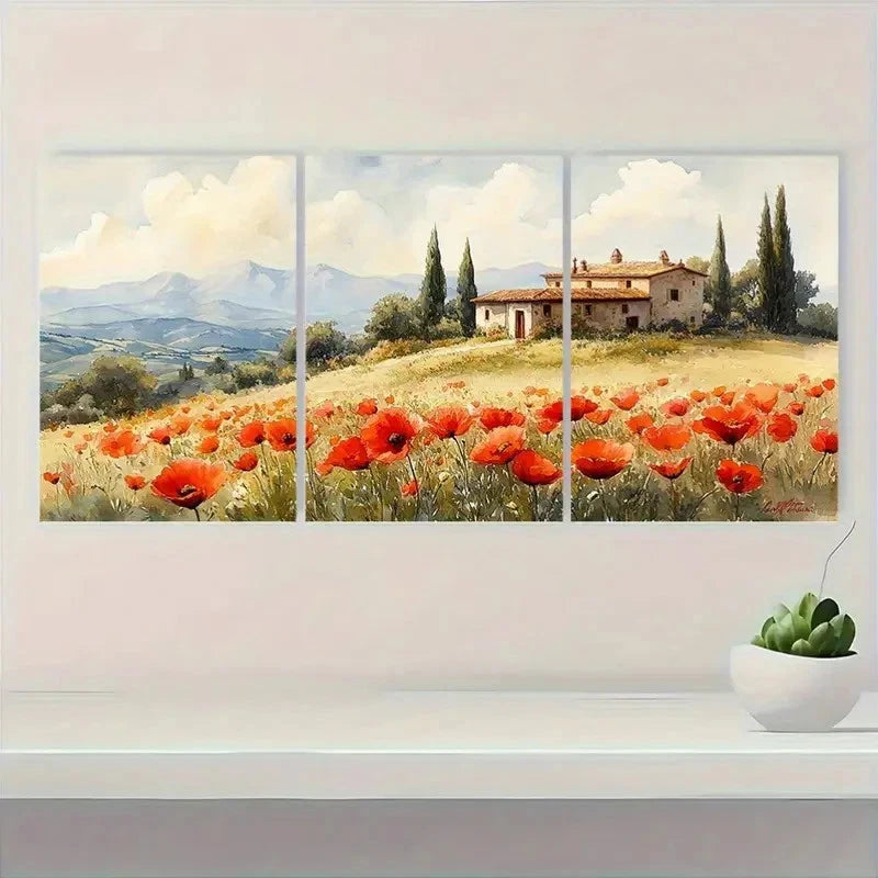 3pcs Italian Poppy Countryside Landscape Wall Art Set Canvas Framed 40x60cm - High Quality Print 100% Australian Made Wall Canvas Ready to Hang