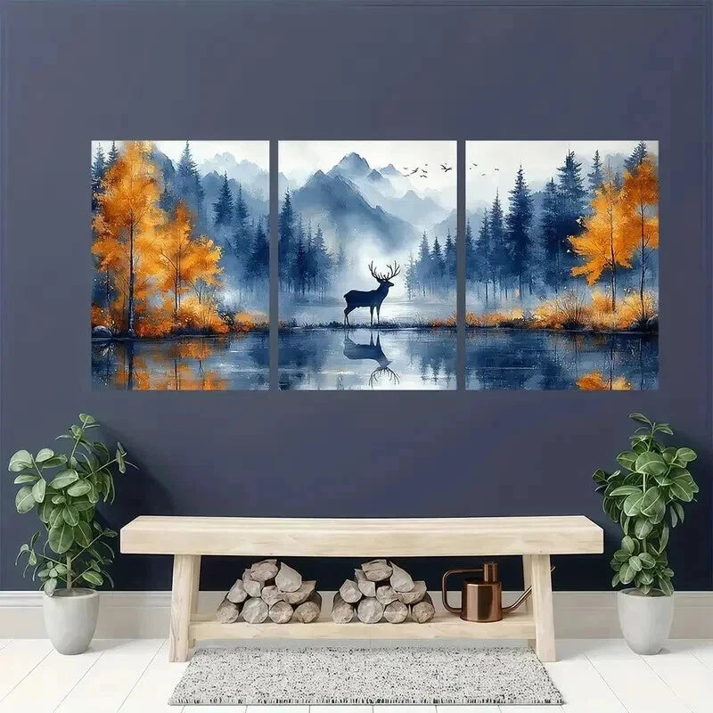 3pcs Deer Scene with Vibrant Orange & Blue Trees Wall Art Set Canvas Framed 40x60cm - High Quality Print 100% Australian Made Wall Canvas Ready to Hang - Bella Home Decor