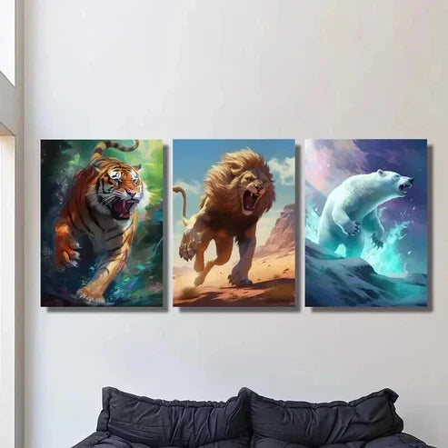 3pcs Ferocious Tiger Lion and Polar Bear Wall Art Canvas Unframed - High Quality Print 100% Australian Made Wall Canvas