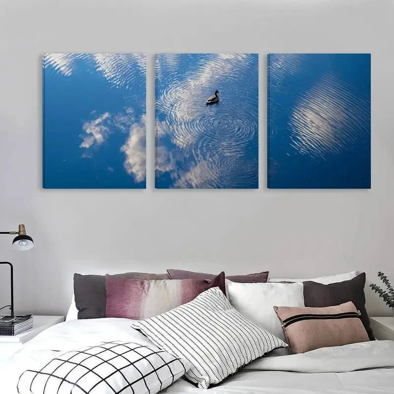 3pcs Blue Lake Scene with Ripples Cloud Duck Wall Art Set Canvas Framed 60x90cm - High Quality Print 100% Australian Made Wall Canvas Ready to Hang - Bella Home Decor