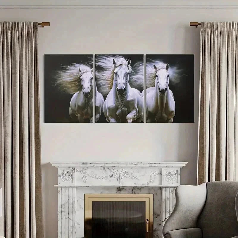 3pcs Galloping Three White Horses Wall Art Set Canvas Framed 40x60cm - High Quality Print 100% Australian Made Wall Canvas Ready to Hang