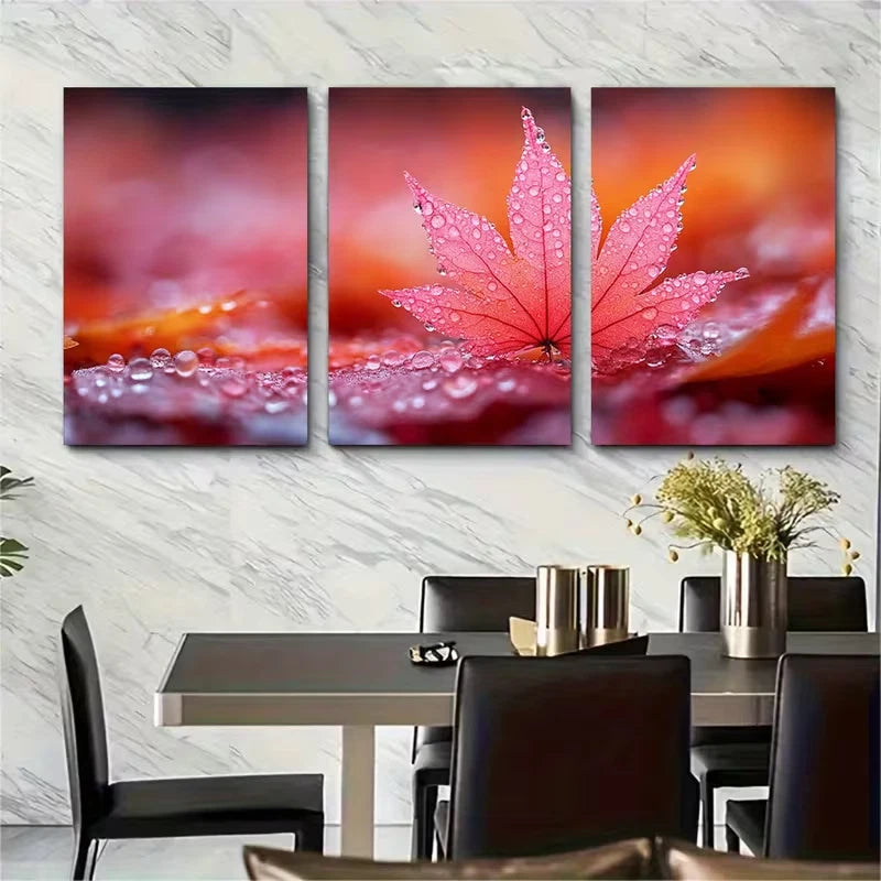 3pcs Vibrant Maple Leaf Abstract Metal Print Ready to Hang Art