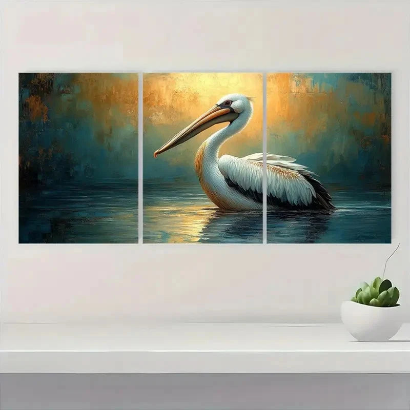 3pcs Pelican Oil Painting Vintage Bird Themed Wall Art Set Canvas Framed 50x70cm - High Quality Print 100% Australian Made Wall Canvas Ready to Hang