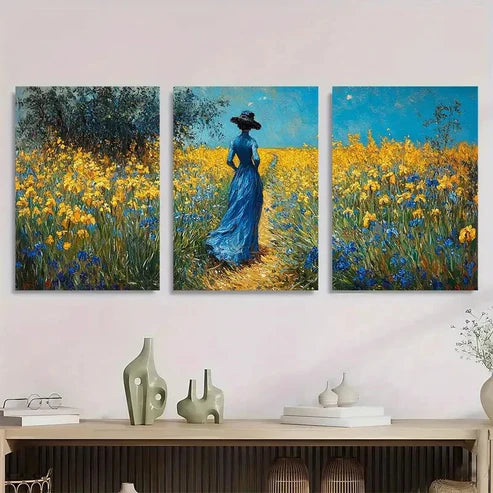 3pcs Yellow Irises In Giverny Landscape Perfect Wall Art Set Canvas Unframed - High Quality Print 100% Australian Made Wall Canvas