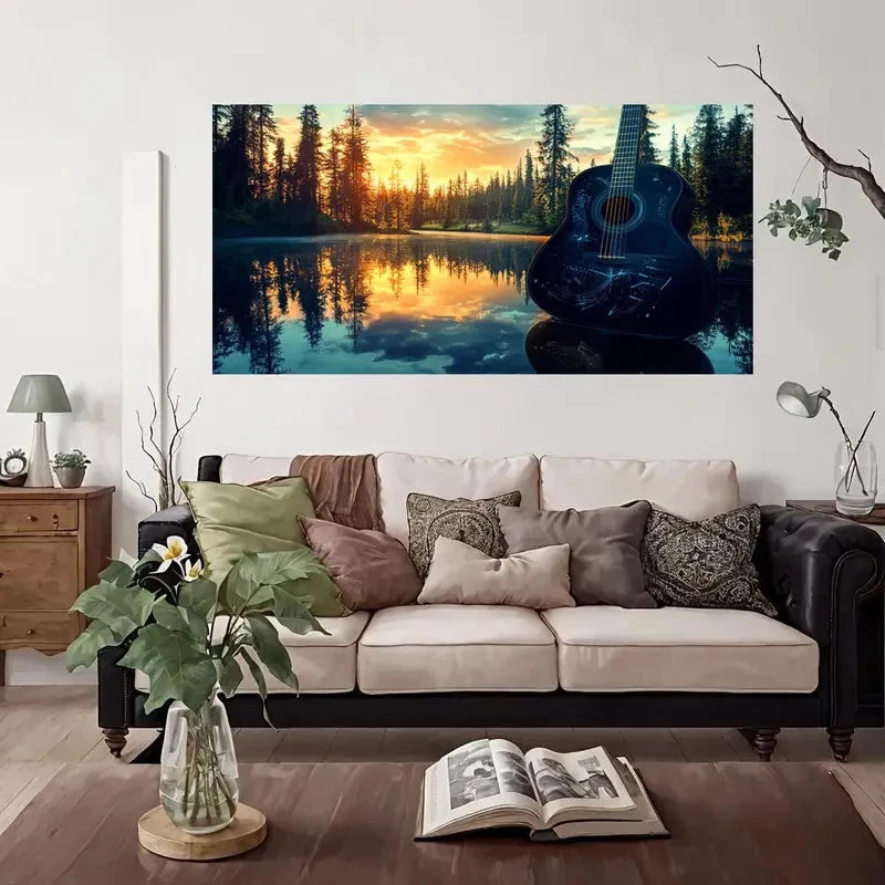 Lake Sunset With Black Guitar Wall Art Canvas Office Home Room Framed 120x60cm