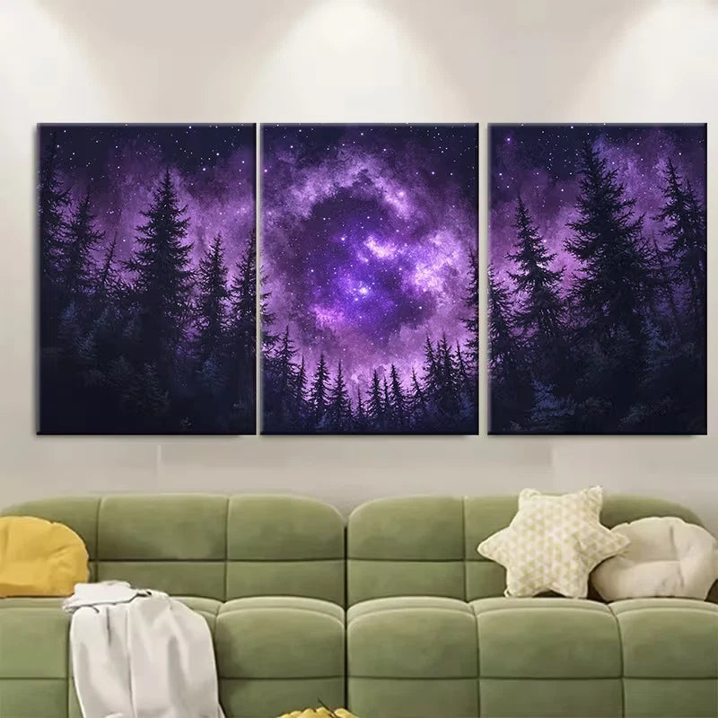 3pcs Purple Starry for Galaxy Above Forest Metal Print Ready to Hang Art