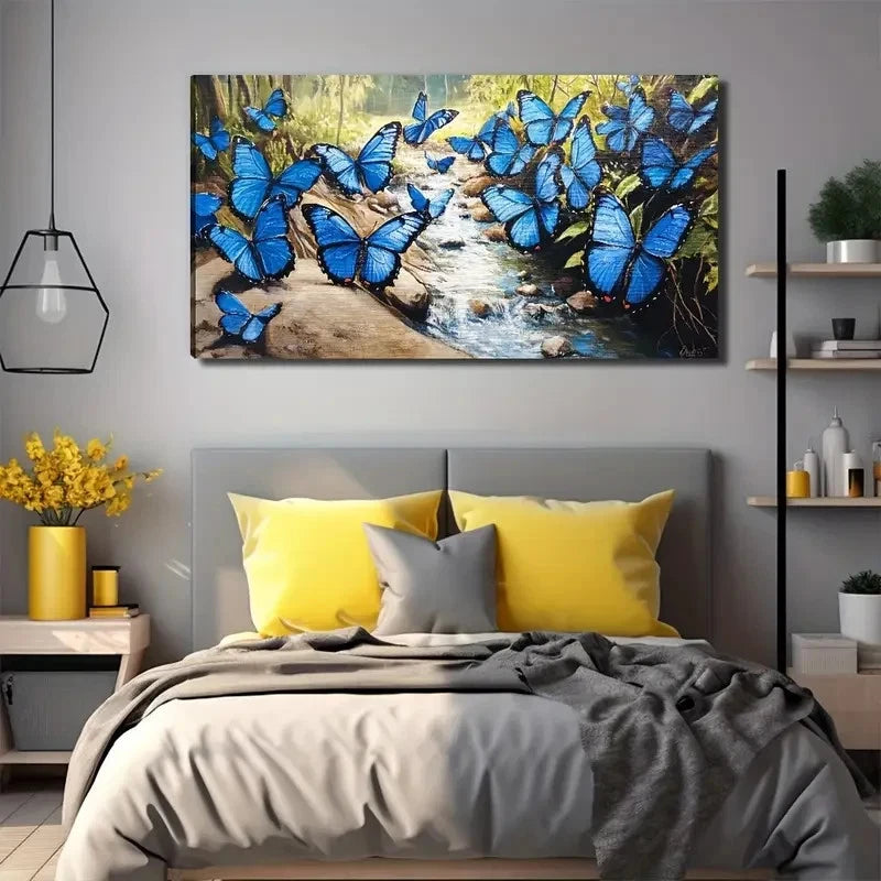 Blue Butterflies Wall Art Canvas Office Home Room Framed 120x60cm