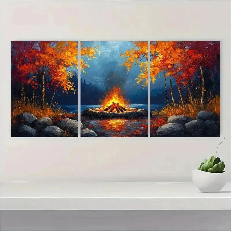 3pcs Cozy Campfire Painting Bold Tones SA Wall Art Set Canvas Framed 40x60cm - High Quality Print 100% Australian Made Wall Canvas Ready to Hang - Bella Home Decor