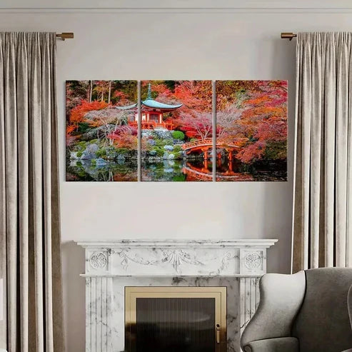 3pcs Kyoto Daigoji Temple Red Maple Leaves Wall Art Canvas Unframed - High Quality Print 100% Australian Made Wall Canvas