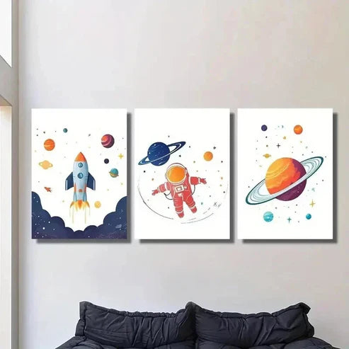 3pcs Astronaut With Rocket Floating in Space Wall Art Set Canvas Unframed - High Quality Print 100% Australian Made Wall Canvas - Bella Home Decor