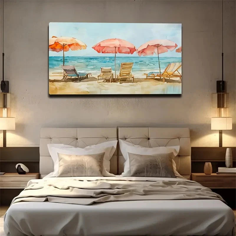 Sunshade Facing The Sea Beach Wall Art Canvas Office Home Room Framed 120x60cm