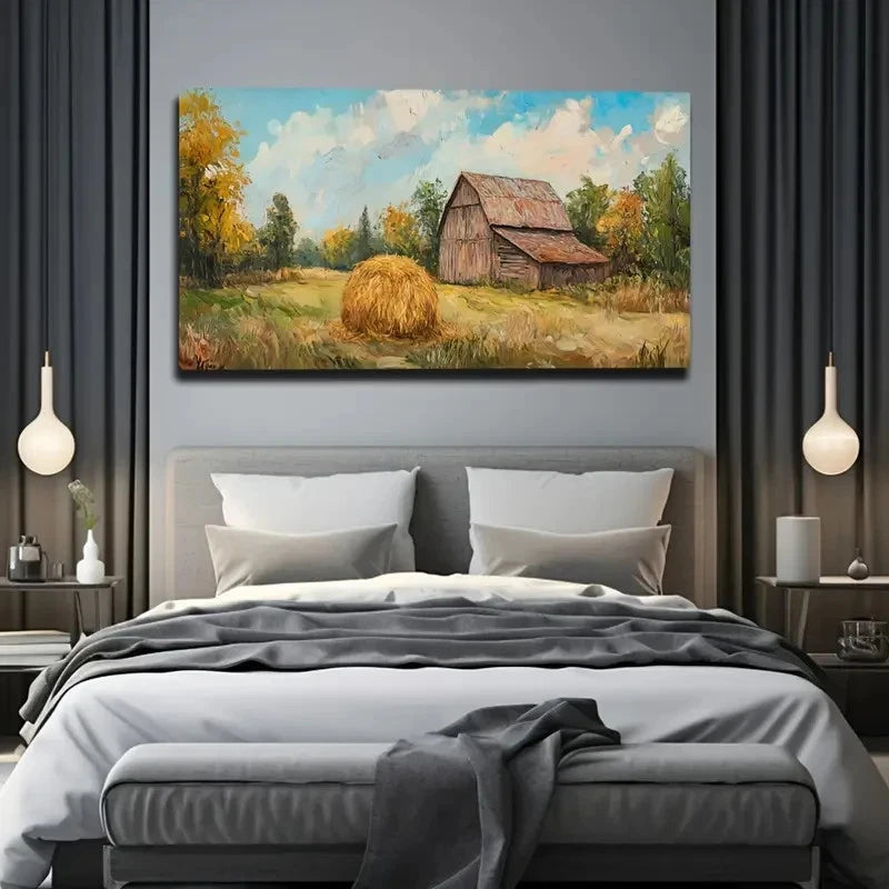 Rustic Farmhouse With Hay Bale Wall Art Canvas Office Home Room Framed 120x60cm