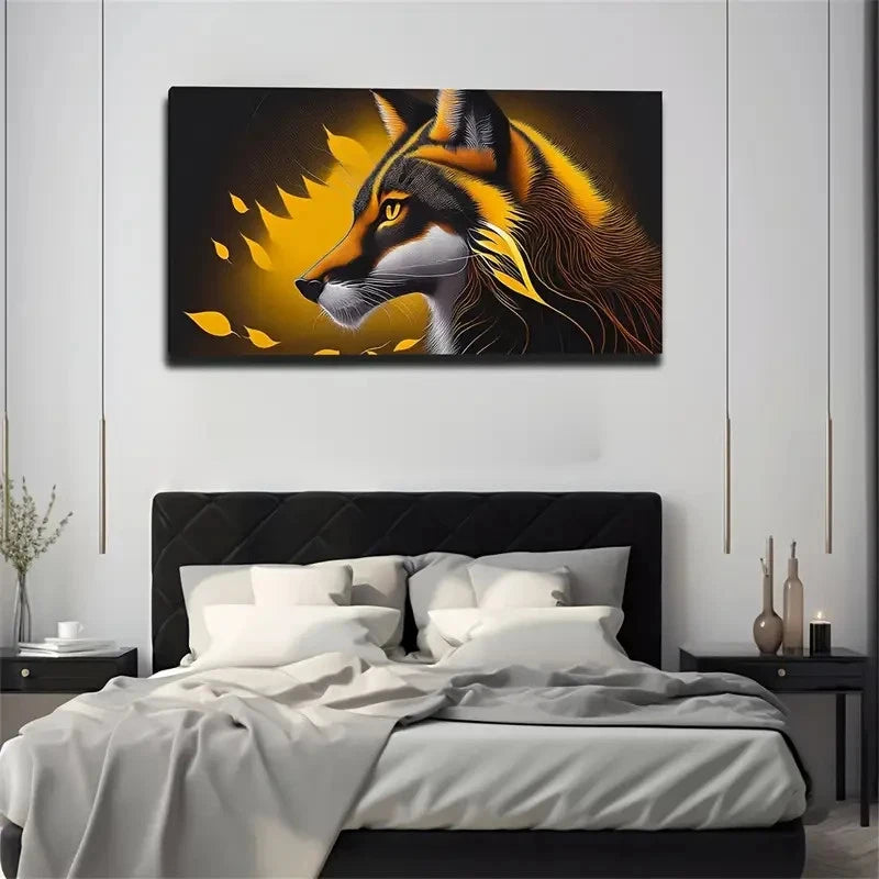 Golden & Black Fox Design Wall Art Canvas Office Home Room Framed 120x60cm