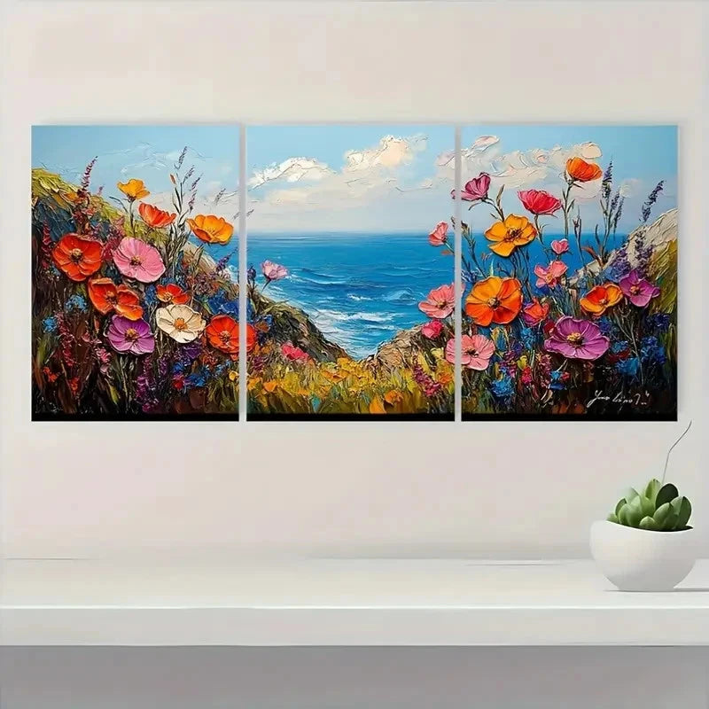 3pcs Colorful Wildflowers Field Textured CW \ Wall Art Set Canvas Framed 50x70cm - High Quality Print 100% Australian Made Wall Canvas Ready to Hang - Bella Home Decor