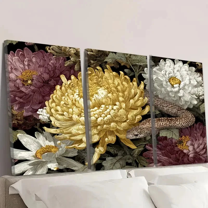 3pcs Vibrant Python & Chrysanthemum Flowers Wall Art Set Canvas Framed 40x60cm - High Quality Print 100% Australian Made Wall Canvas Ready to Hang