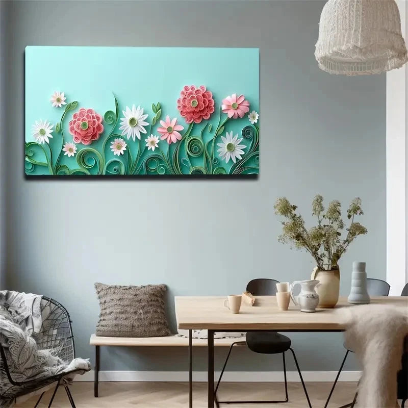 Pink White Flowers Green Curly Wall Art Canvas Office Home Room Framed 120x60cm